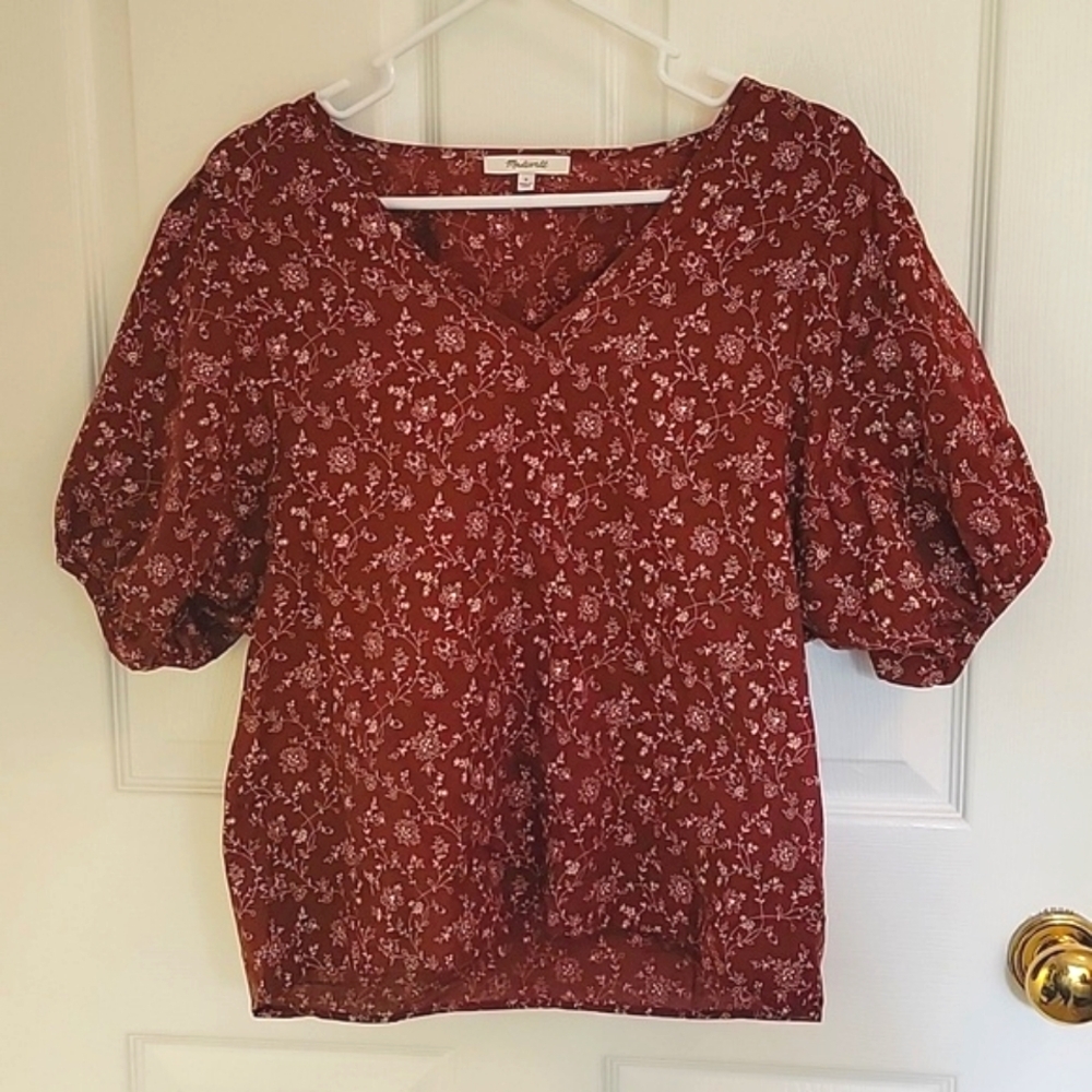Madewell Dark Maroon Blouse Floral ruched sleeves lightweight airy summer shirt